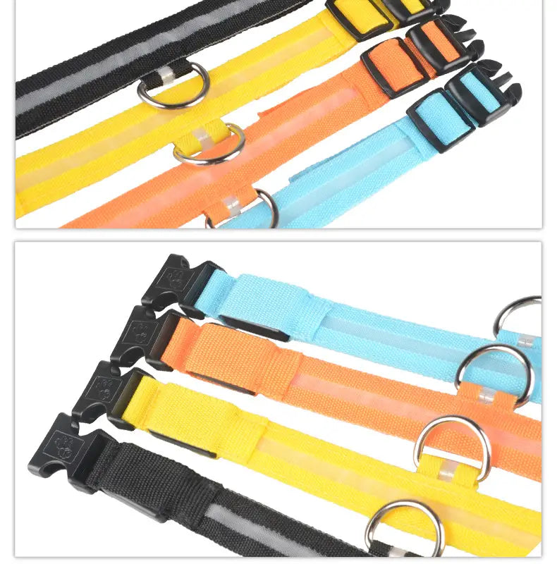 led dog collars made of brightly colored reflective nylon with black plastic buckles and metal d-rings for night safety and glowing visibility.