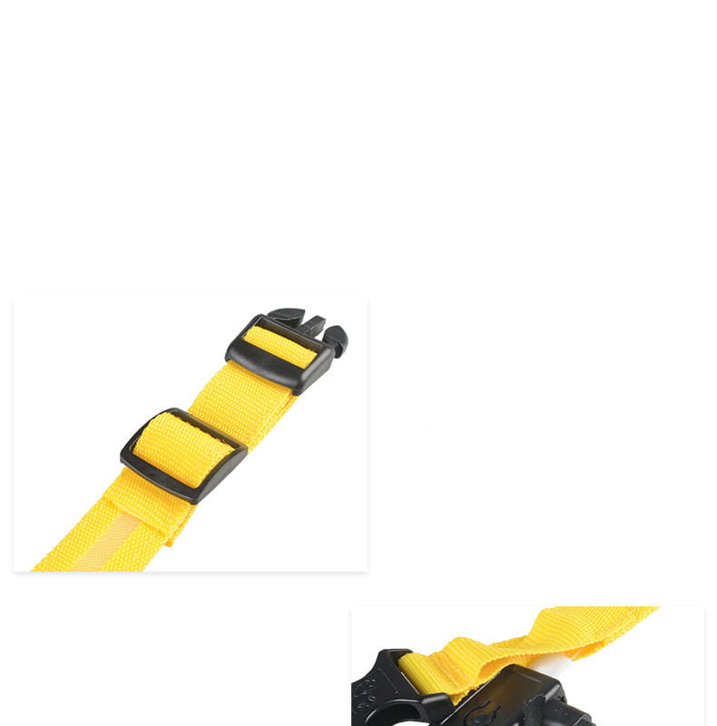 Bright yellow nylon led dog collar with black plastic buckle and quick-release clip for night safety and glowing pet leash use.