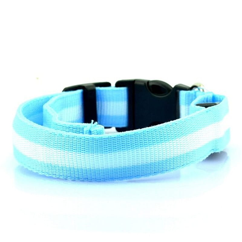 Light blue and white striped nylon led dog collar with black plastic buckle for night safety and glowing visibility.