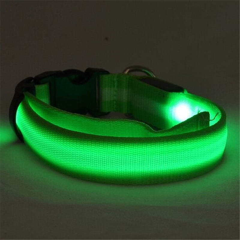 Bright green led dog collar with textured nylon fabric band and black plastic buckle designed for night safety and glowing visibility.