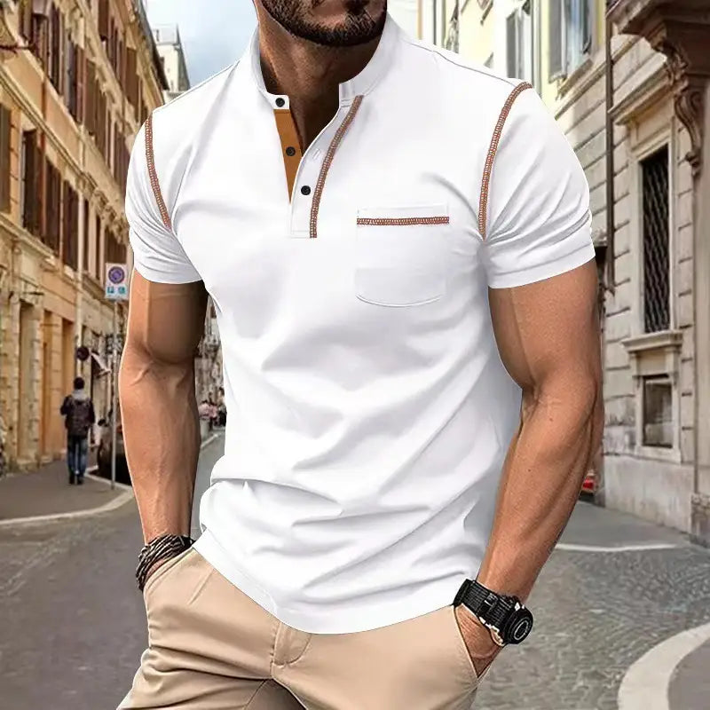 Mens slim fit short sleeve white polo shirt with brown trim along the collar placket and pocket.