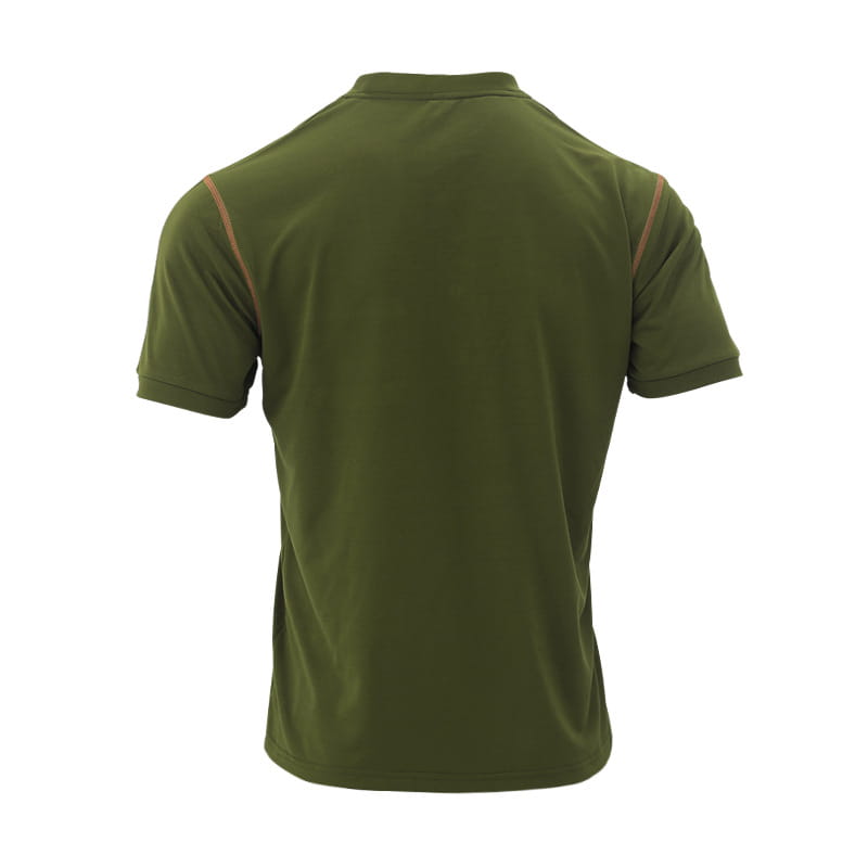 Men’s slim fit short sleeve olive green polo shirt with subtle tan stitching along shoulder seams.