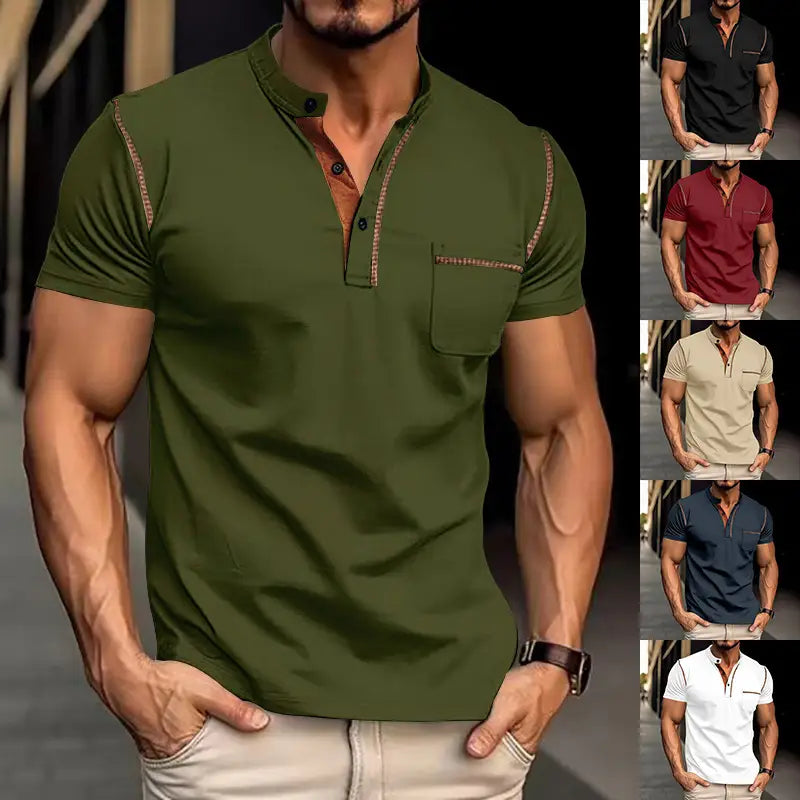 Men’s slim fit short sleeve henley shirt in olive green featuring brown embroidered trim along the placket and sleeve seams.