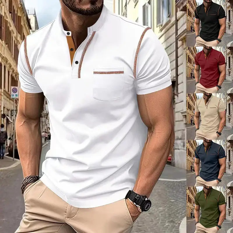Men’s slim fit white short sleeve polo shirt with brown trim detailing and chest pocket suitable for casual and semi-formal wear.