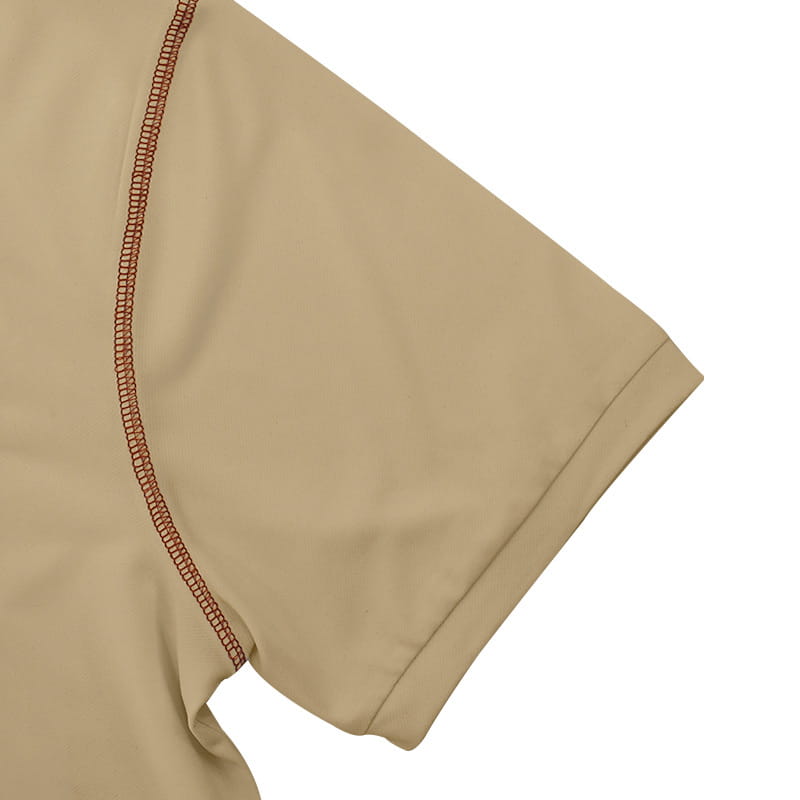 Beige men’s slim fit short sleeve henley shirt with a subtle textured seam along the sleeve.