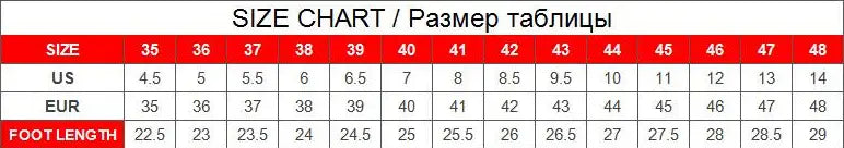 Size chart table with red and white rows showing us eur and foot length measurements for men’s cowhide leather sandals with buckle accents in sizes 35 to 48.