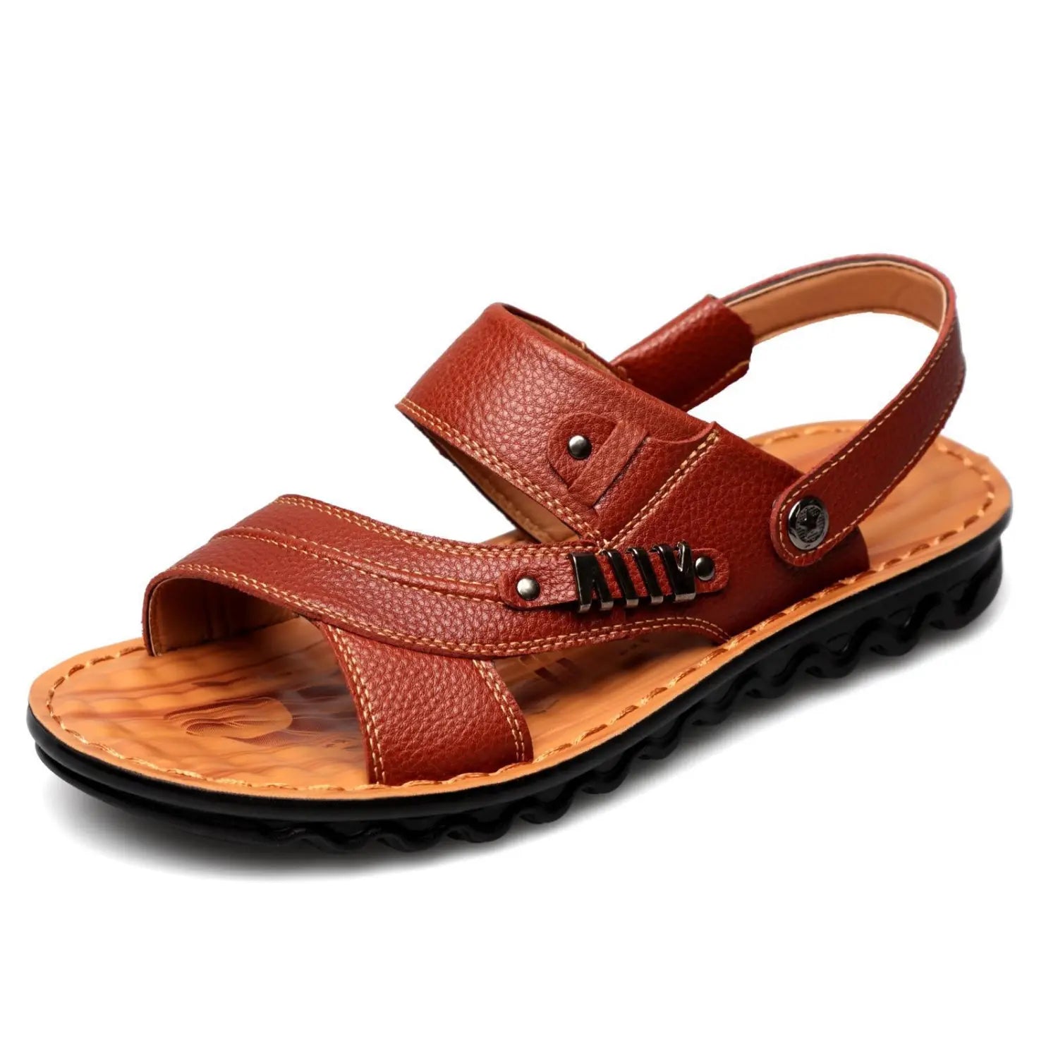 men’s cowhide leather sandals in brown with a textured surface featuring adjustable straps and black metal buckle accents.