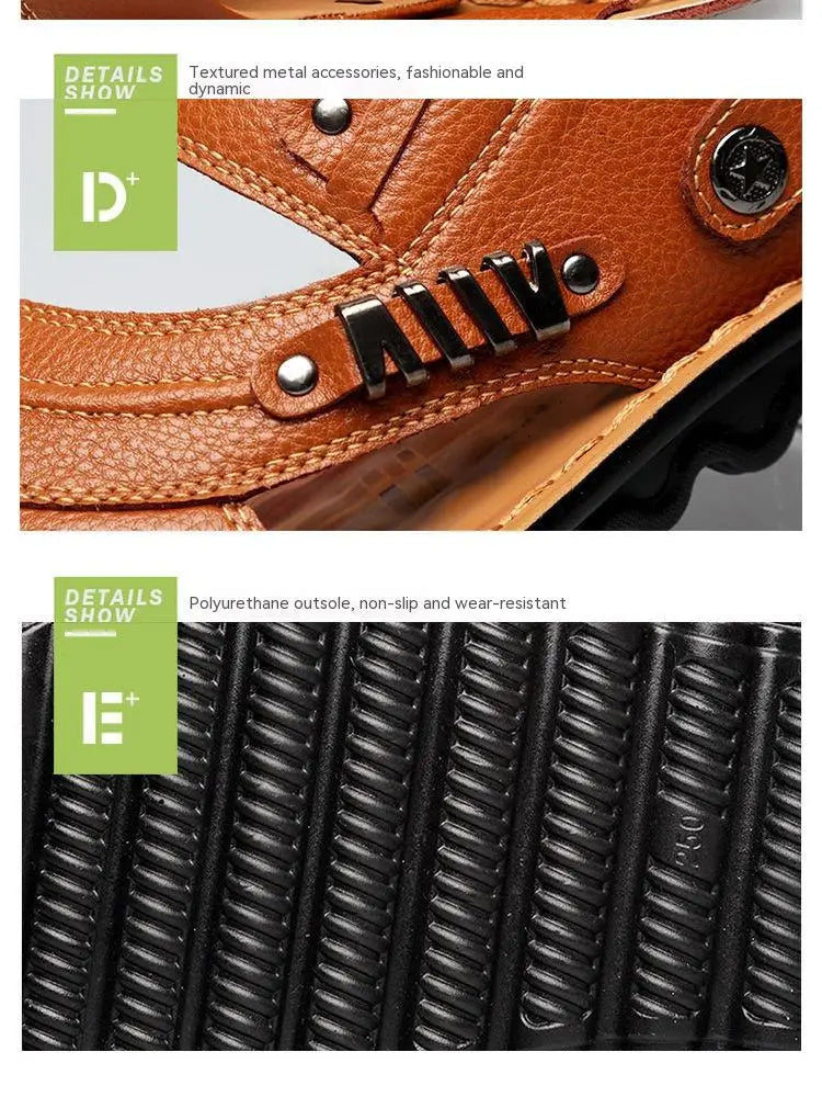 Men’s cowhide leather sandals in brown featuring textured metal buckle accents and a black polyurethane outsole.