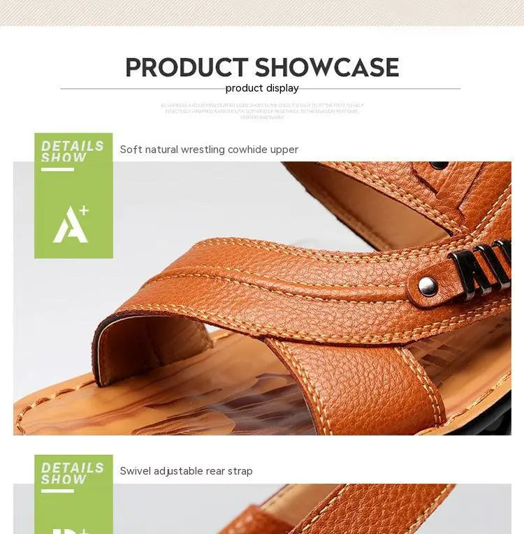 Men’s cowhide leather sandals in tan with a soft natural wrestling cowhide upper and black metal buckle accents.