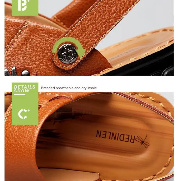 Men’s cowhide leather sandal in brown featuring a star-shaped metal buckle and detailed stitching.