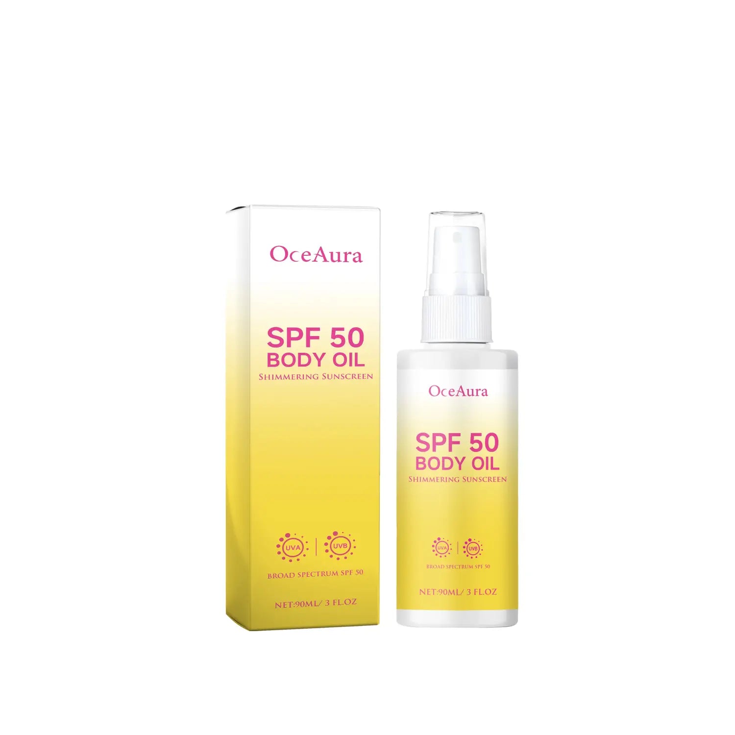 Aceite solar para el cuerpo Oceaura SPF 50 en una botella transparente con atomizador en spray, con etiquetado de degradado amarillo y una caja a juego en la que se muestra aceite de coco de 110 ml.
