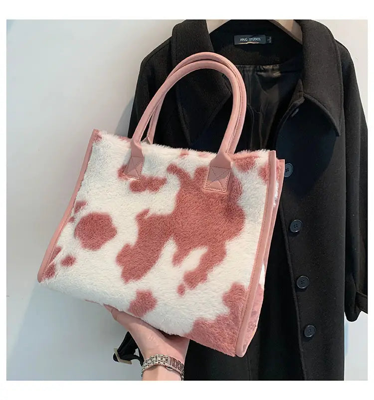 Bolsa tote de felpa con estampado de leopardo de gran capacidad