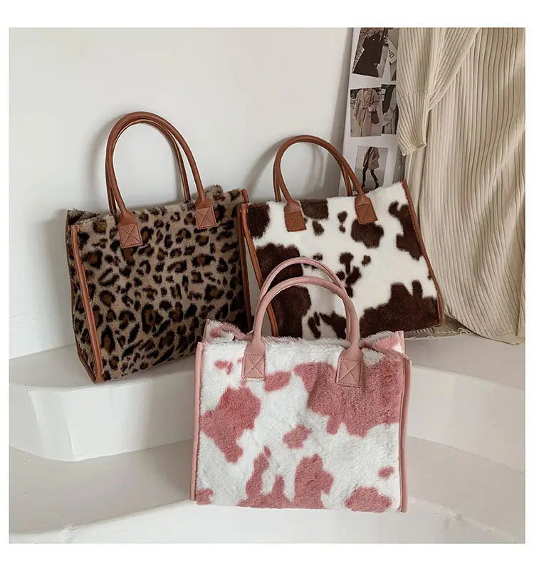 Bolsa tote de felpa con estampado de leopardo de gran capacidad