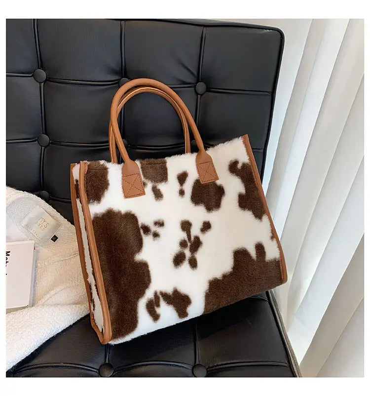 Bolsa tote de felpa con estampado de leopardo de gran capacidad