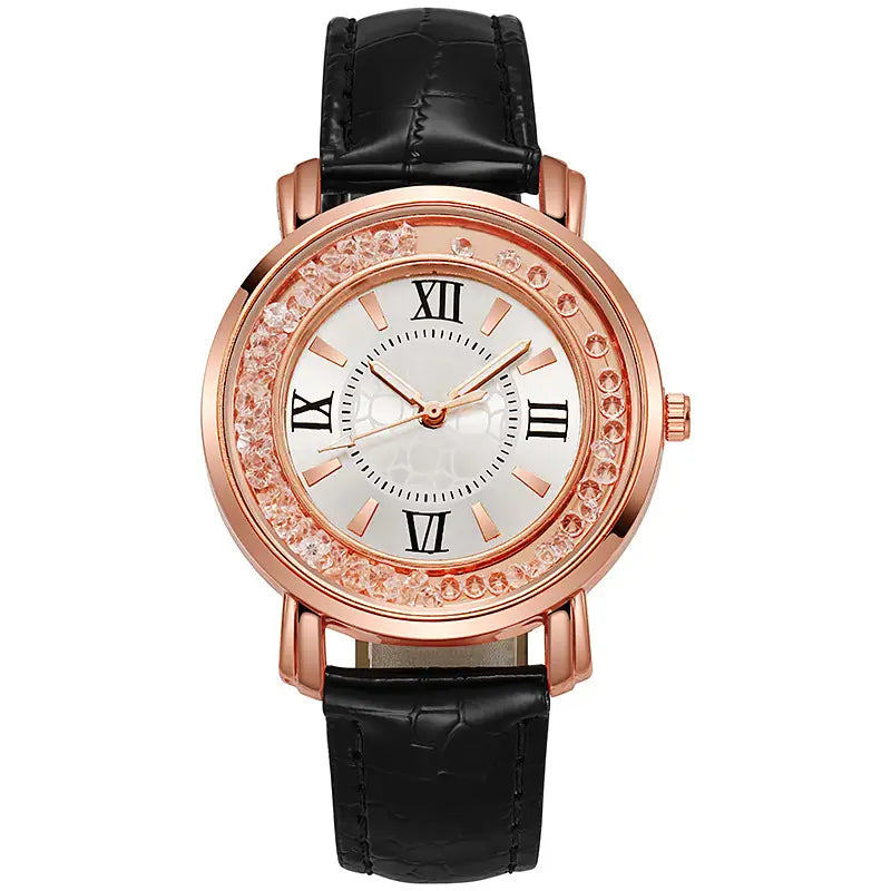 Rose gold quicksand crystal watch with a black embossed leather strap and a white dial featuring roman numerals and a crystal-encrusted bezel.