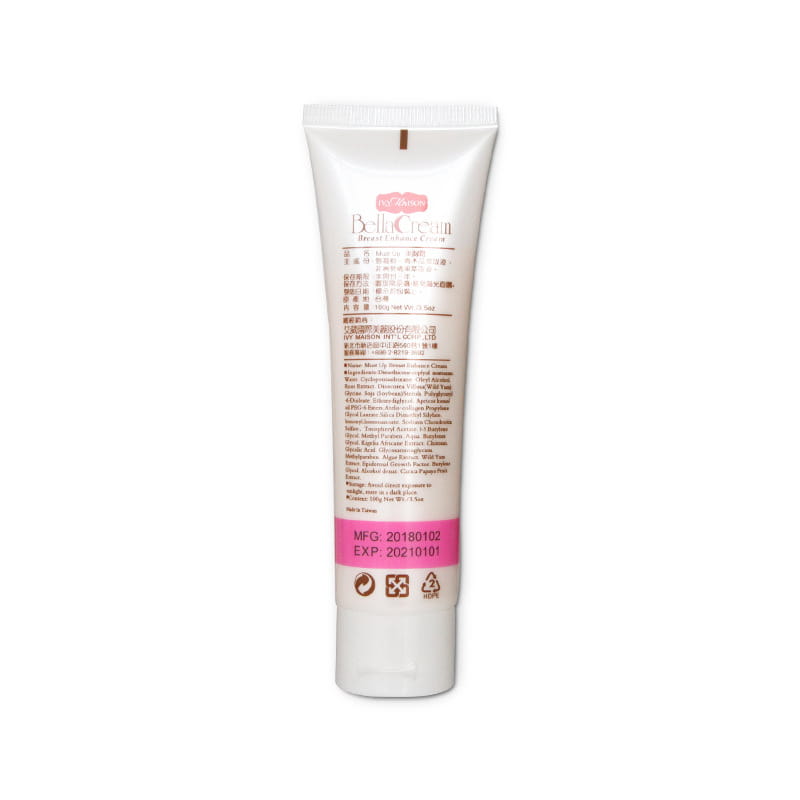 Weiße Tube der Bell-Cream Beaut y-Breast-Enhancer-Creme Ivy Maison Bella Feuchtigkeitscreme 100 g mit rosafarbenem Etikett und goldfarbener Folienkappe