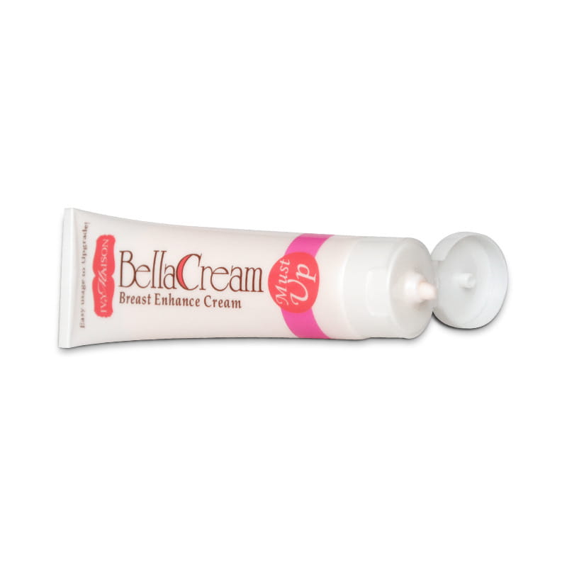 Weiße Tube der Bellacream-Brust-Enhancer-Creme mit rosa- und rotfarbener Markenkennzeichnung und einer weißen Klappkappe zur Feuchtigkeitsversorgung und zum Enhancieren der Brüste, Ivy Maison Bella 100 g.