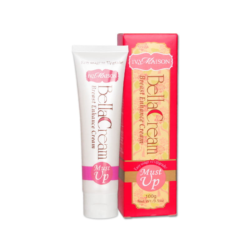 Brust-Enhancer-Creme Ivy Maison Bella Feuchtigkeitscreme 100 g in einer weißen Tube mit rosafarbenen Akzenten neben passender roter Verpackung.