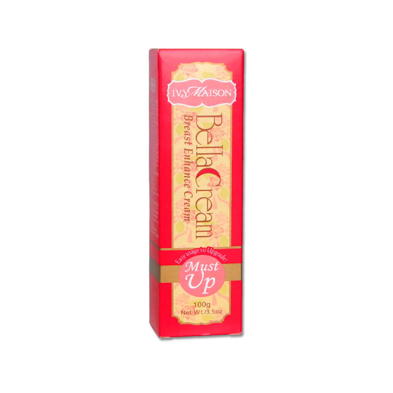 Ivy Maison Bella Brust-Enhancer-Creme Feuchtigkeitscreme 100 g in einer auffälligen roten rechteckigen Schachtel mit gold- und rosafarbenen Akzenten, mit dem Produktnamen in eleganter Schreibschrift.