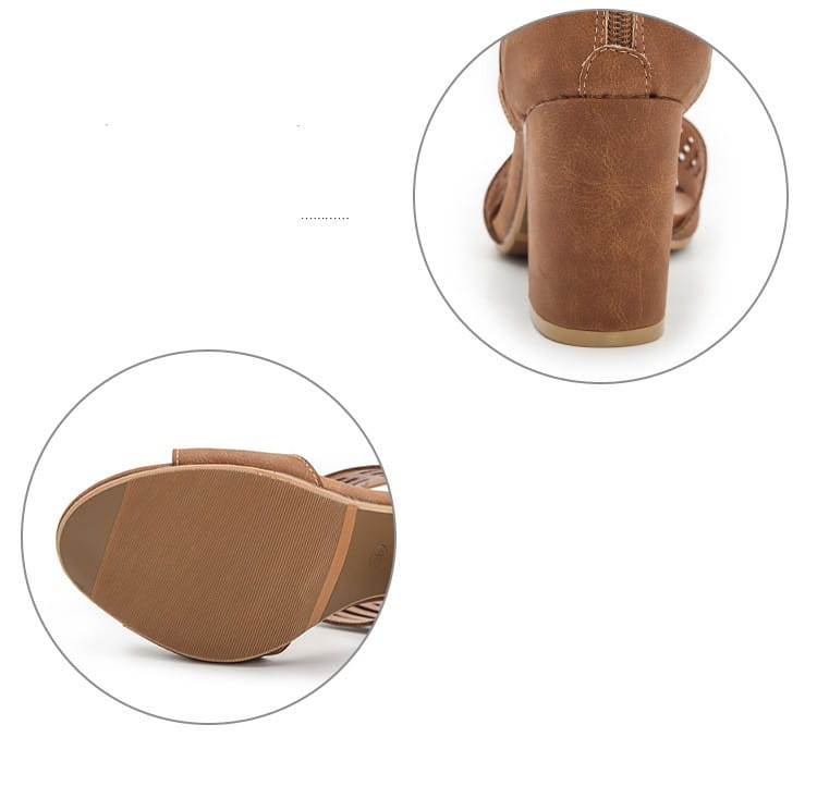 Tan suede-look peep toe hollow block heel sandal with decorative straps and ankle strap, shown from the back side.