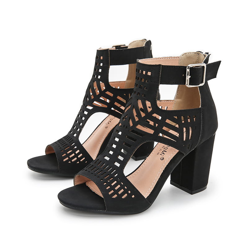 peep toe hollow block heel sandals with ankle strap in black suede featuring a geometric cutout pattern and a chunky block heel