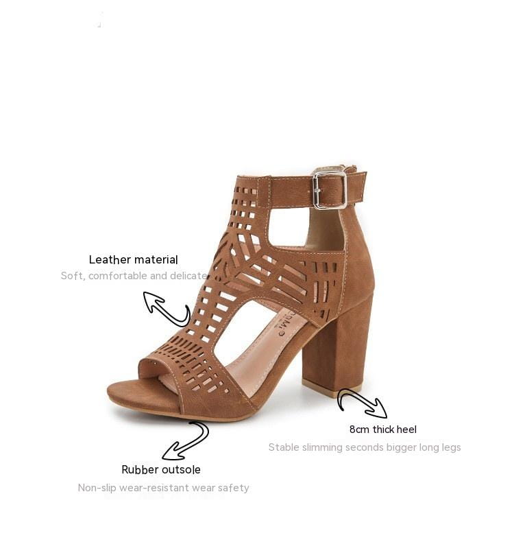 Peep toe hollow block heel sandals with ankle strap in tan leather featuring a geometric cutout pattern and an 8cm thick block heel.