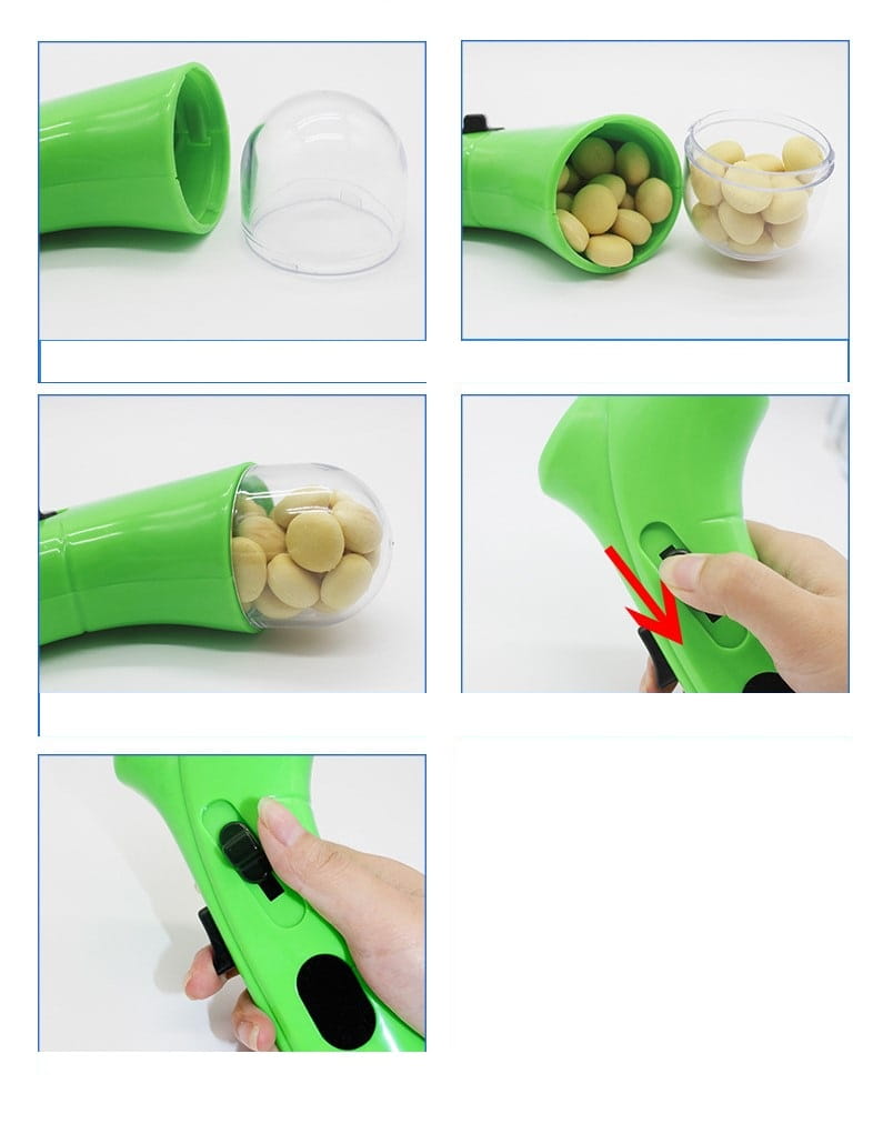 Lanceur portatif de friandises pour chien en plastique vert éclatant, avec couverture de dôme en plastique transparent et mécanisme coulissant noir pour distribuer des friandises pour animaux.