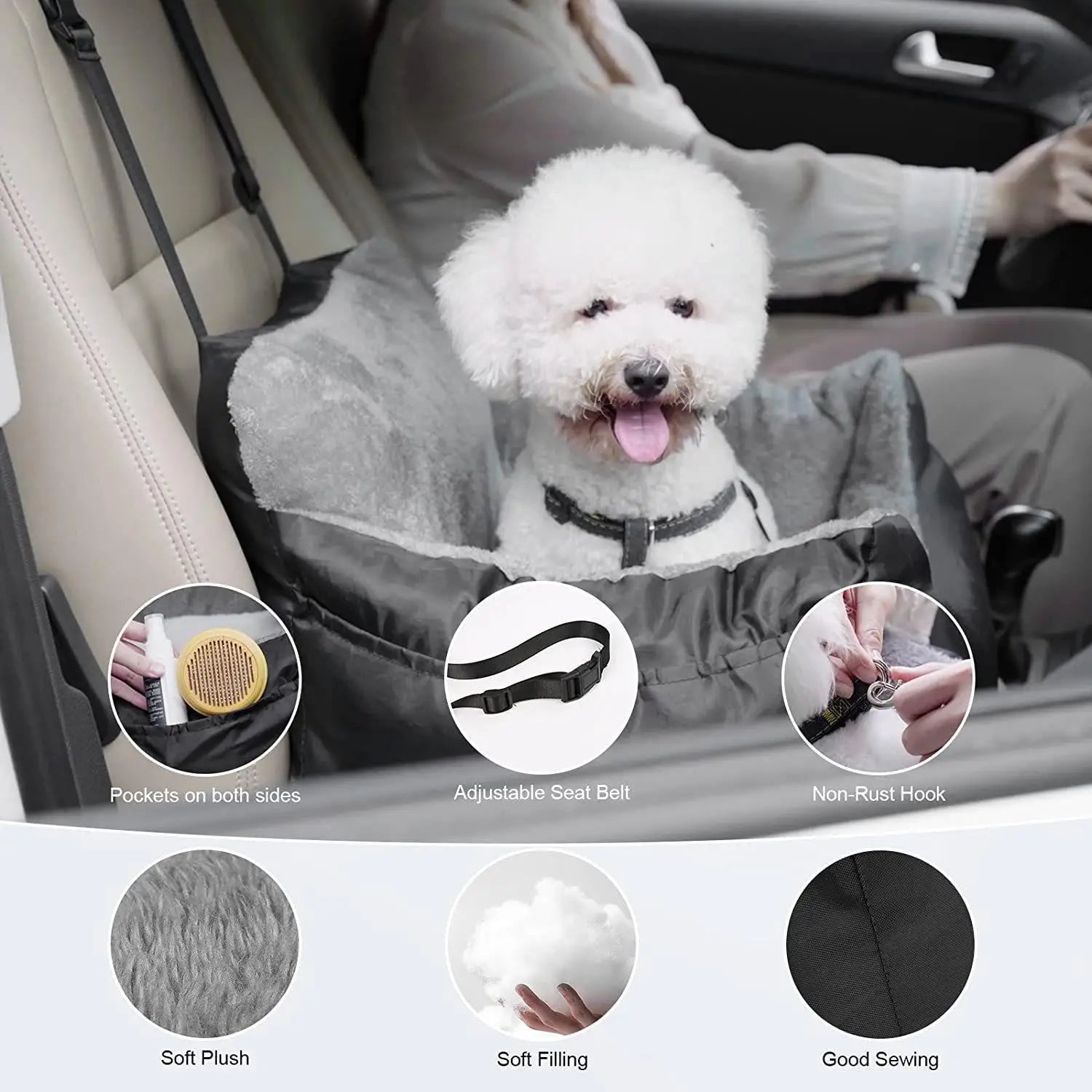 Gray plush dog car seat for small pets featuring soft filling and an adjustable seat belt for safety and comfort.