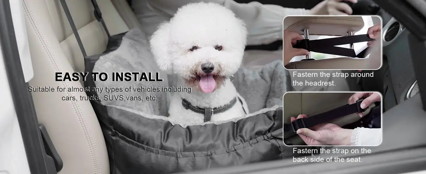 gray fabric plush dog car seat for small pets with adjustable straps for secure transport in vehicles