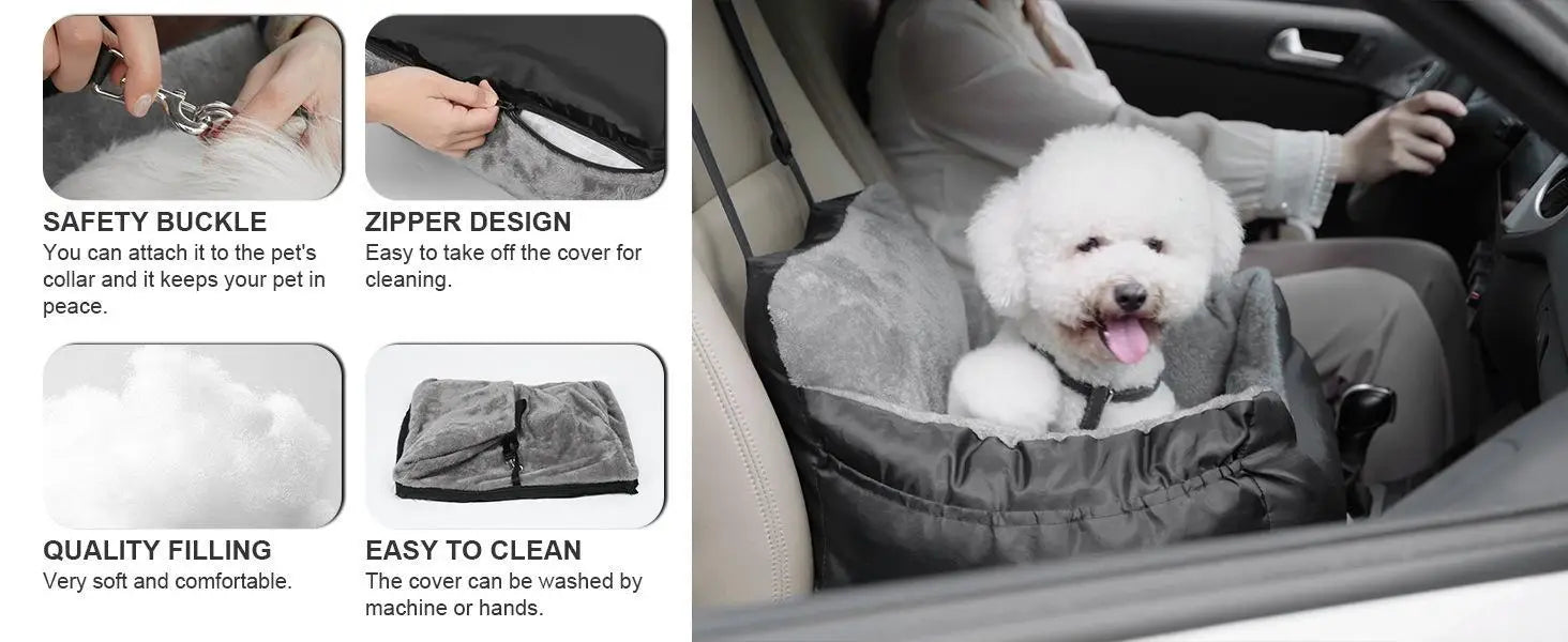 gray plush dog car seat for small pets featuring a safety buckle and zipper design for secure travel.
