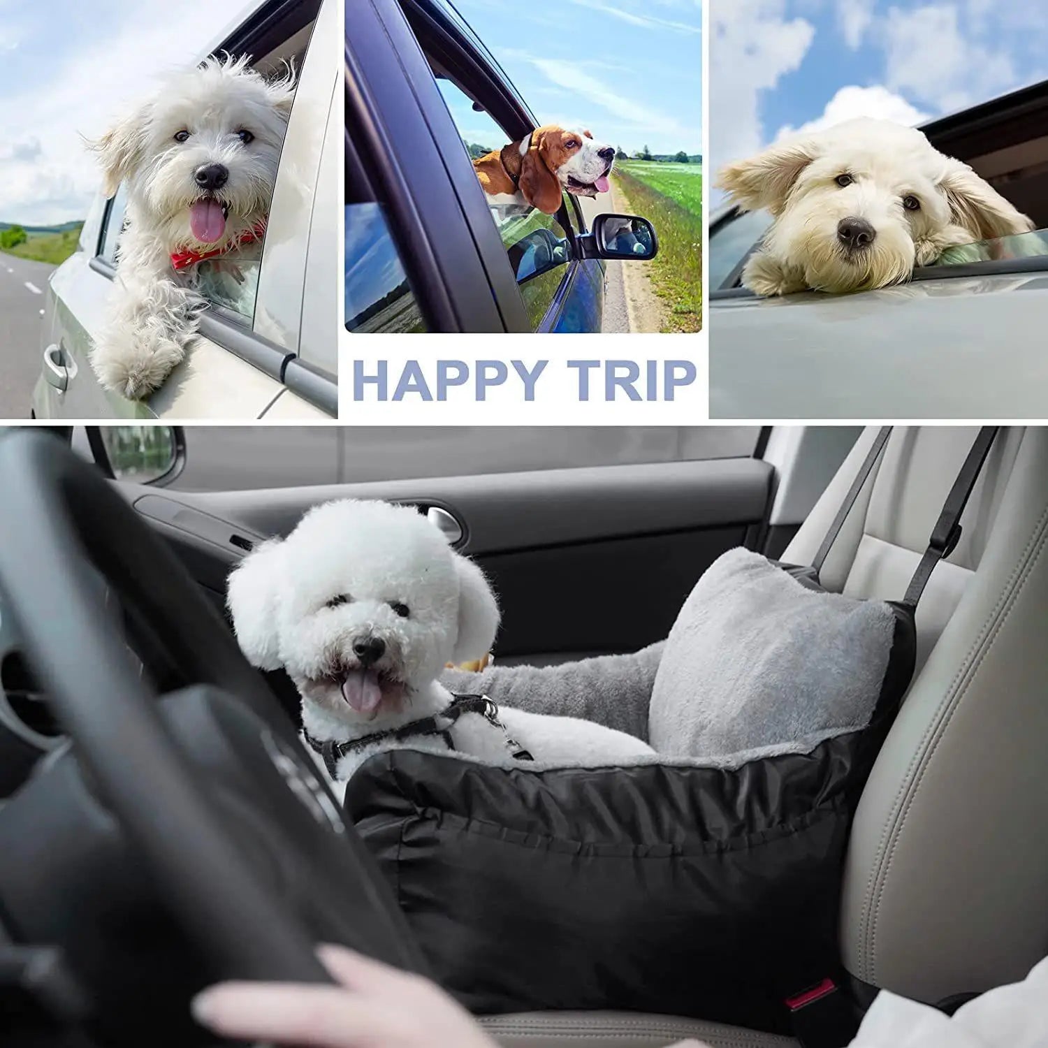 Plush dog car seat for small pets in black and gray with a soft cushioned interior for comfortable travel.