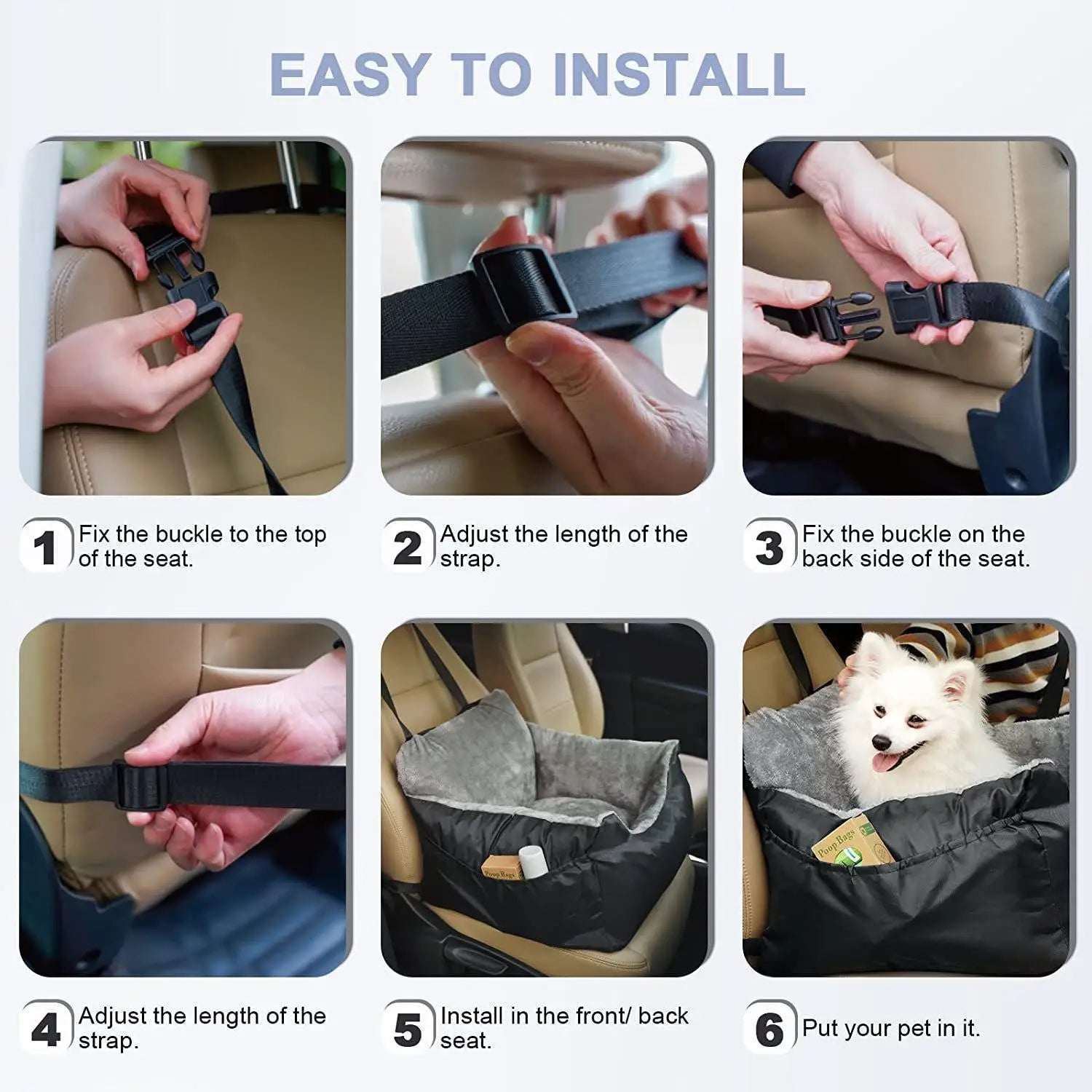 Plush dog car seat for small pets in black fabric with gray fleece lining and adjustable strap system.