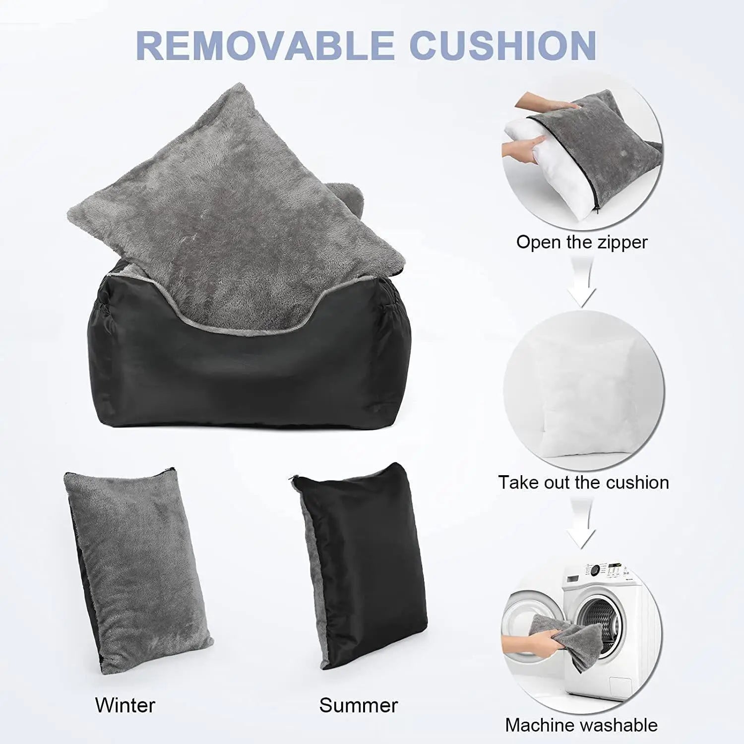 Gray plush removable cushion made for a black bean bag chair with winter and summer versions in the plush dog car seat for small pets gray.