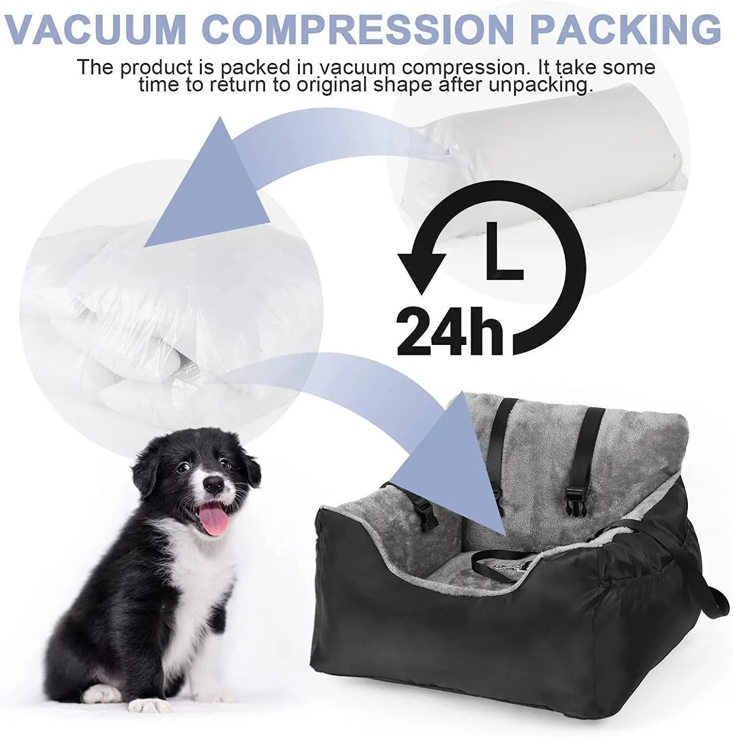 Plush dog car seat for small pets in black and gray with adjustable straps made of soft material for secure vehicle travel.
