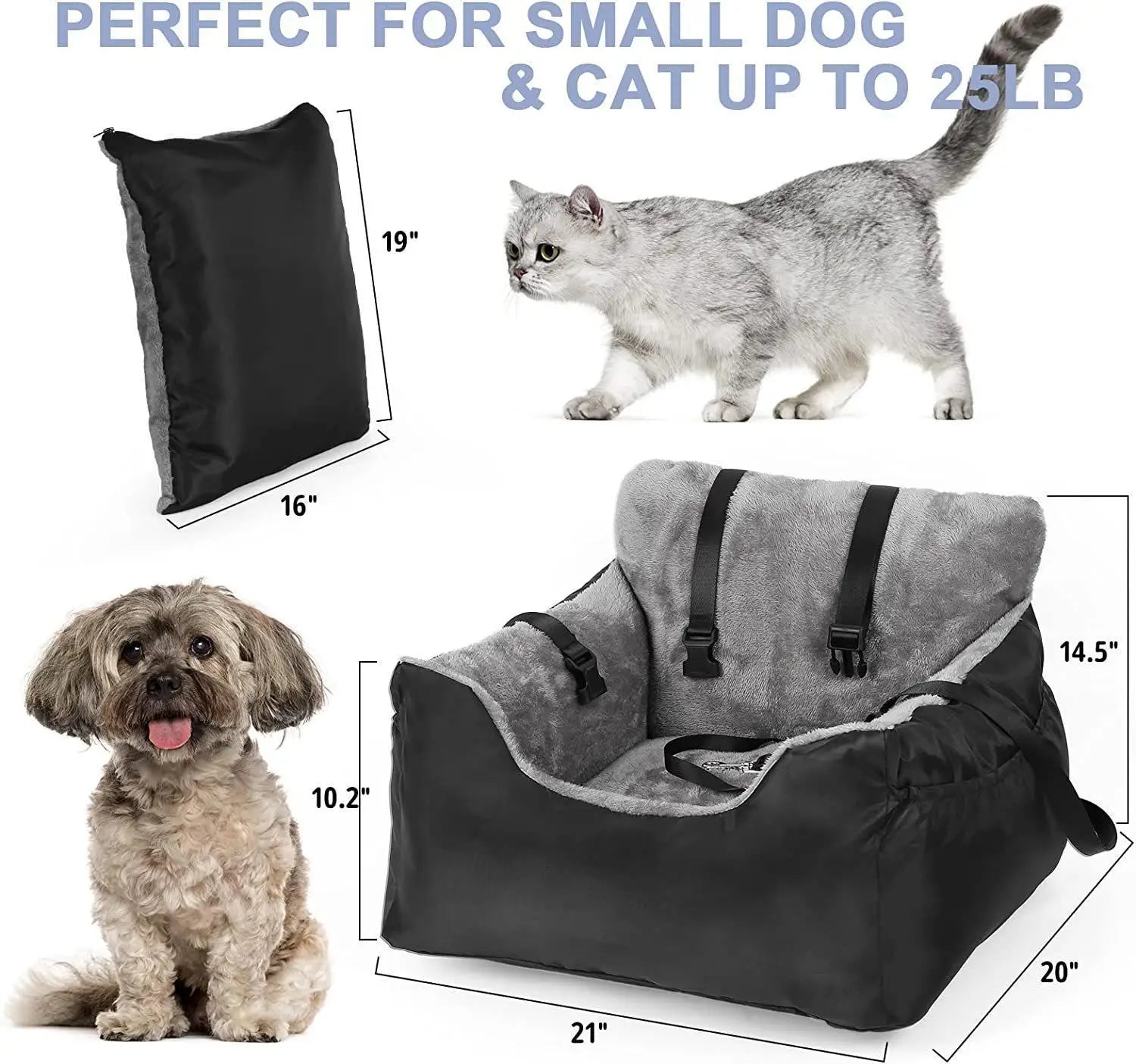 plush dog car seat for small pets in gray featuring black and gray plush material with adjustable straps for secure use with dogs and cats up to 25 lbs