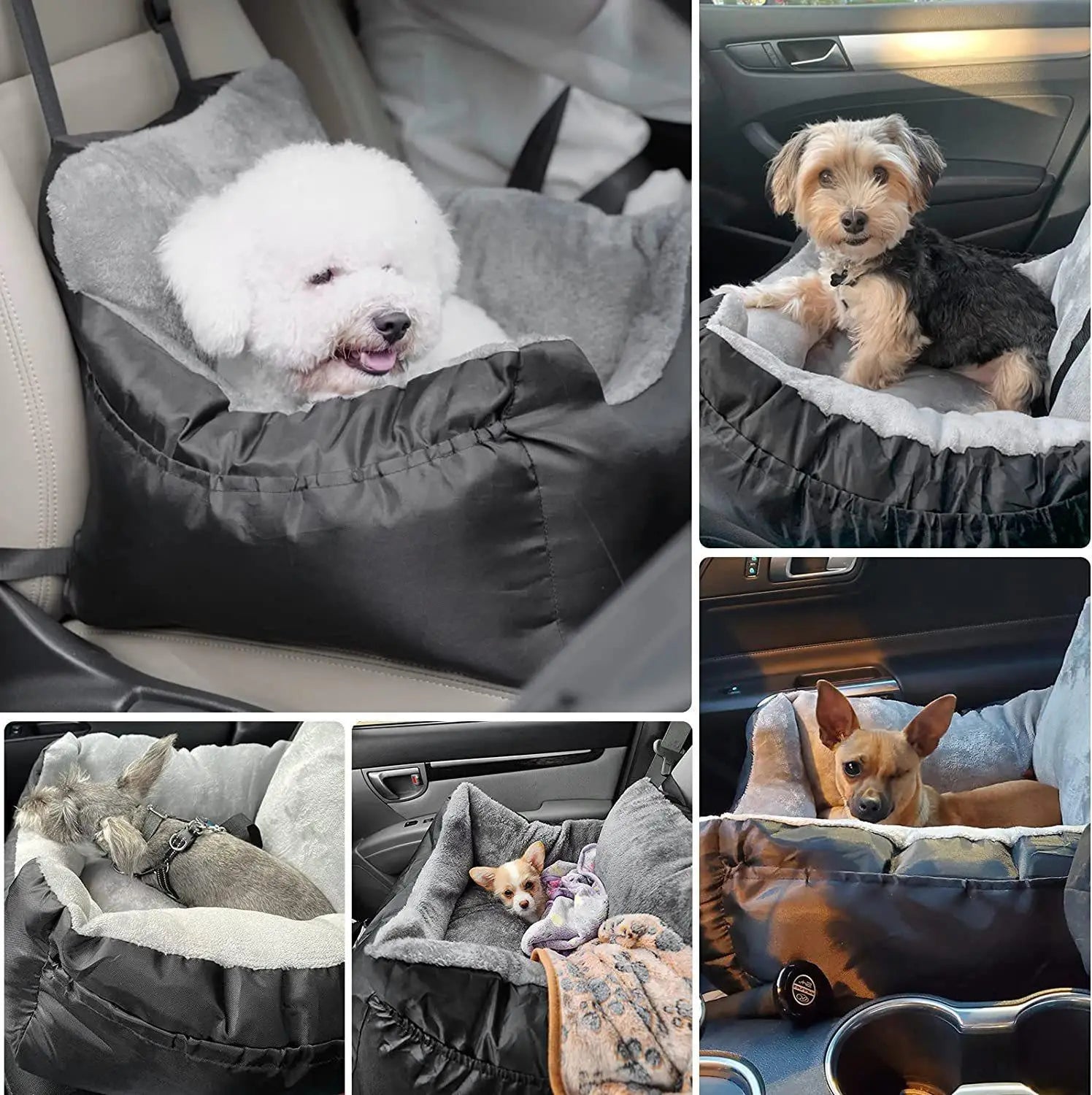 Plush dog car seat for small pets gray in black and gray with a soft cushioned interior made of plush material for comfortable travel.