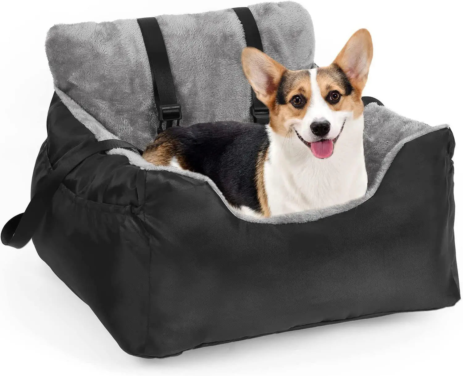 Plush dog car seat for small pets in gray with a black and gray plush exterior and soft fleece-lined interior for comfortable pet travel.