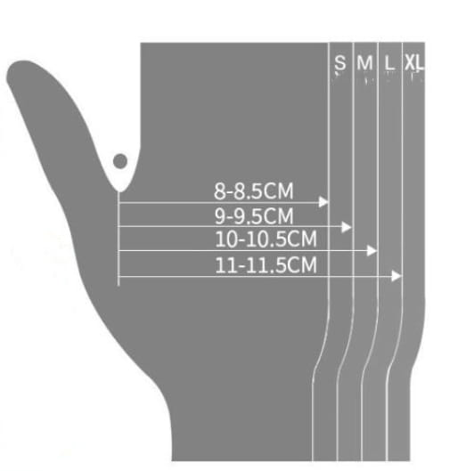 Gray hand-shaped size chart with measurement guides for s m l and xl sizes accompanying black nitrile disposable protective gloves 100 pack.
