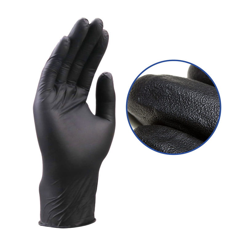 black nitrile disposable protective glove with textured grip on the palm shown from the palm side in a 100 pack