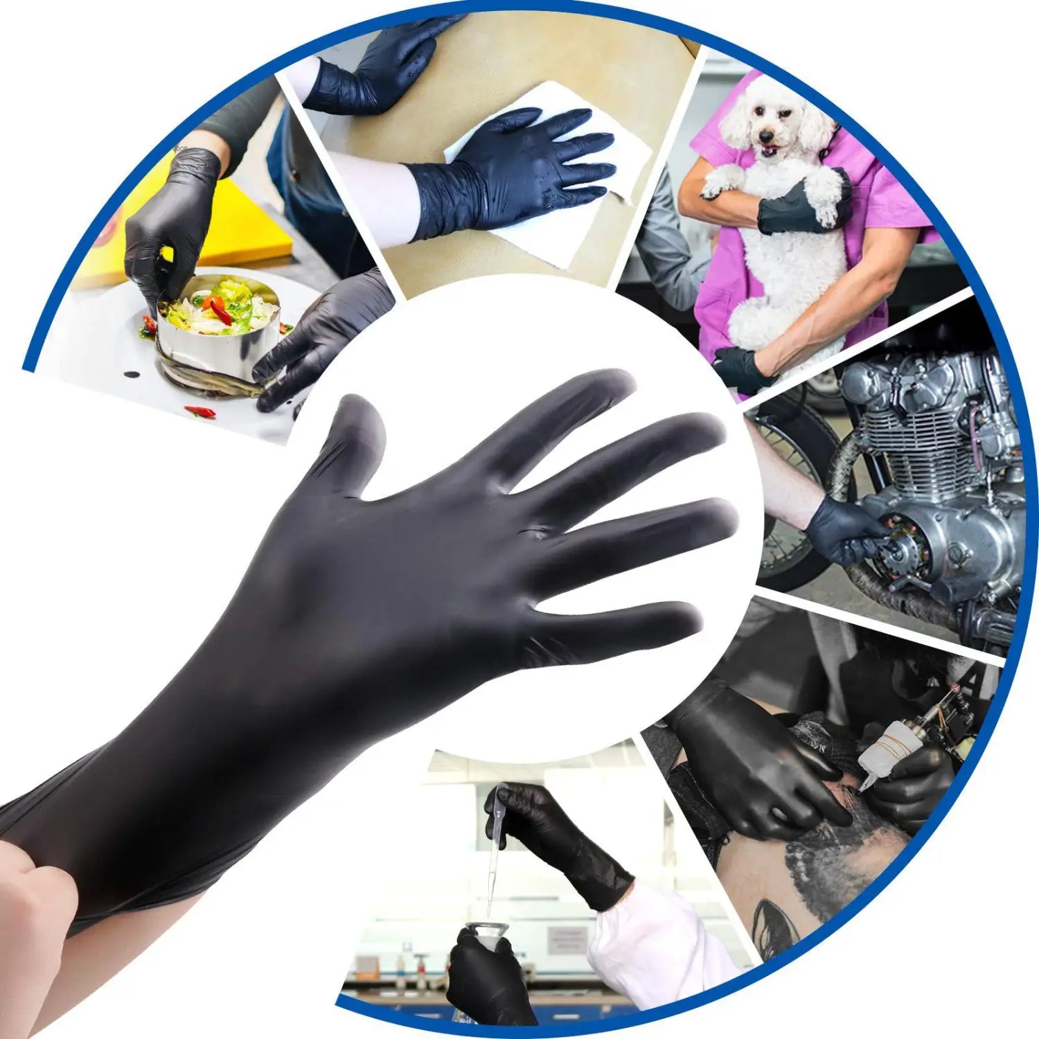 Black nitrile disposable protective glove with a smooth glossy finish shown from the back side in a 100 pack.