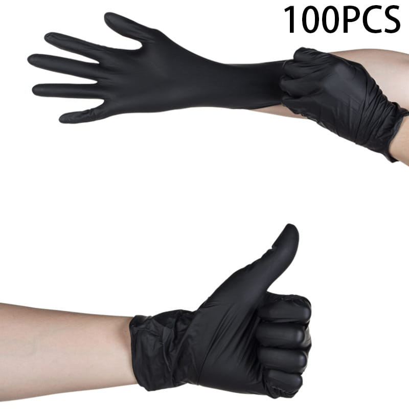 black nitrile disposable protective gloves in a pack of 100 pieces shown from the front side