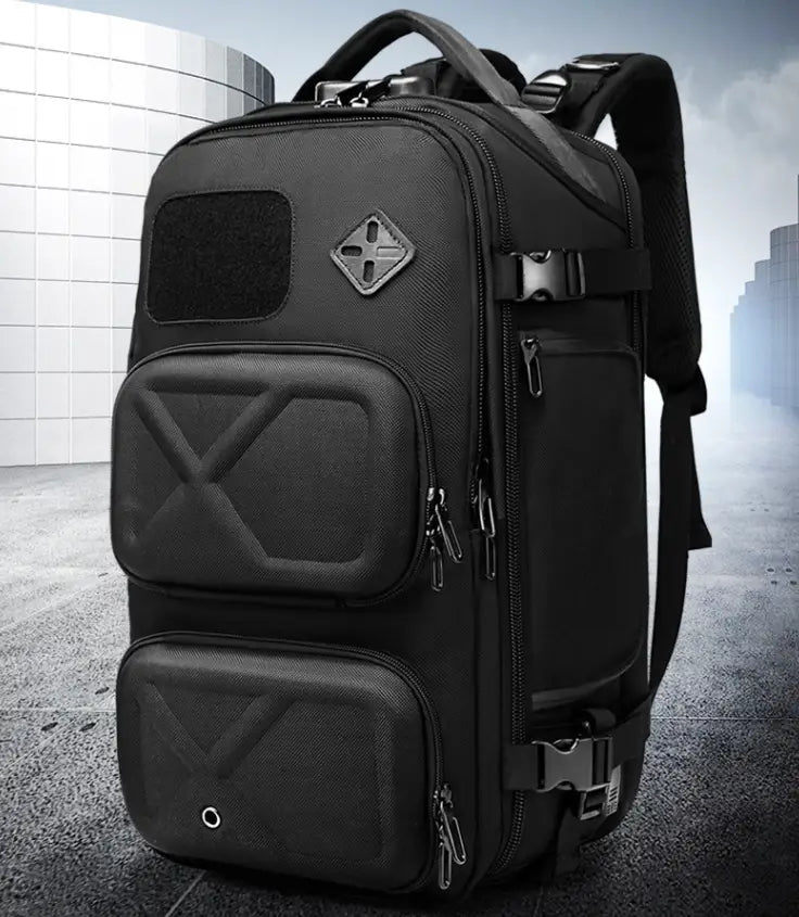 Black tactical waterproof laptop backpack with waist bag featuring reinforced stitching, multiple zippered compartments, and a diamond-shaped logo patch on the front.
