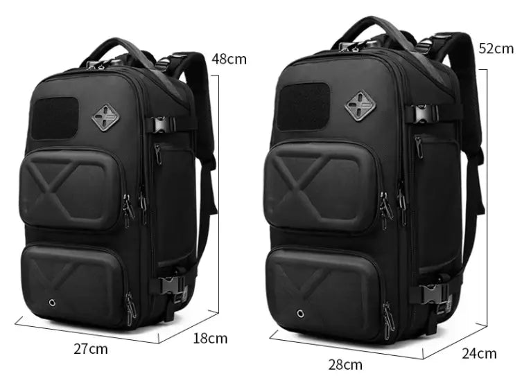 Black tactical waterproof laptop backpack with reinforced stitching, multiple zippered compartments, and a diamond-shaped logo patch on the front designed with an additional waist bag