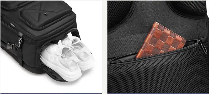 black mesh tactical waterproof laptop backpack with a brown woven wallet in the side pocket designed for organized storage and durability