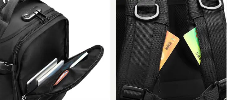 Tactical waterproof laptop backpack in black nylon with reinforced stitching d-ring attachments and multiple zippered compartments for organized storage including a waist bag.