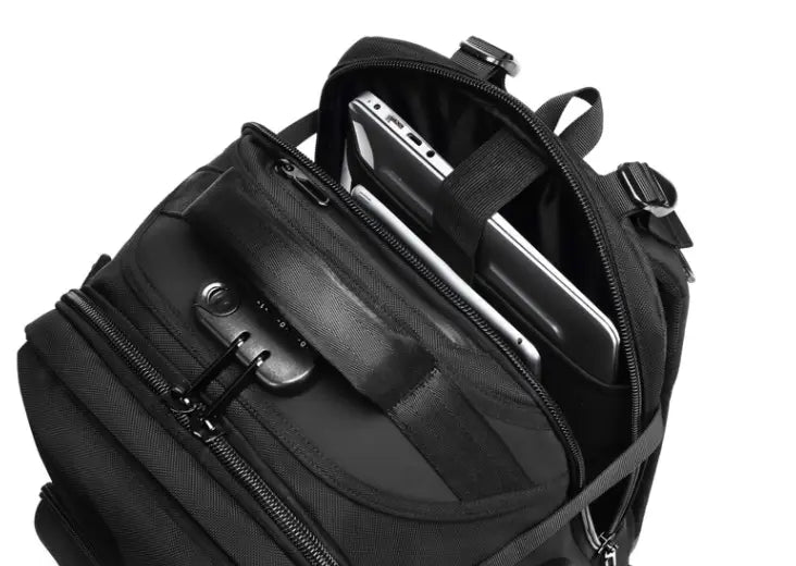 Black tactical waterproof laptop backpack with multiple zippered compartments and a secure lockable front pocket designed for secure and convenient laptop carrying