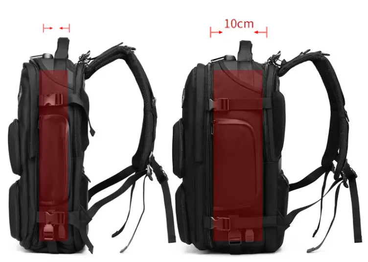 Tactical waterproof laptop backpack in black and red with reinforced straps, zippered compartments, and a 10cm measurement indicator on the side.