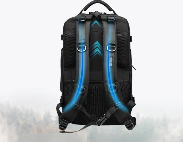 Black tactical waterproof laptop backpack with waist bag shown from the back side featuring blue glowing ventilation channels and mesh panels for enhanced airflow.