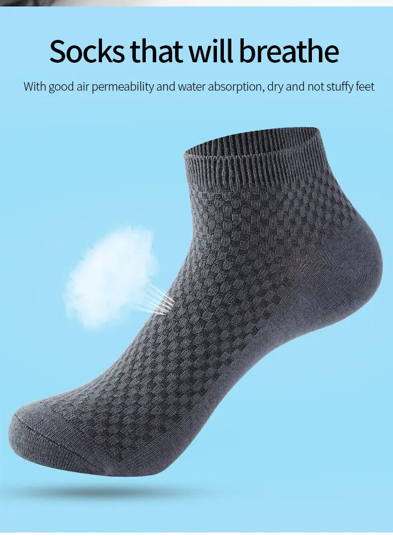 Dark gray men bamboo fiber ankle sock with a textured checkered knit pattern shown from the back side.