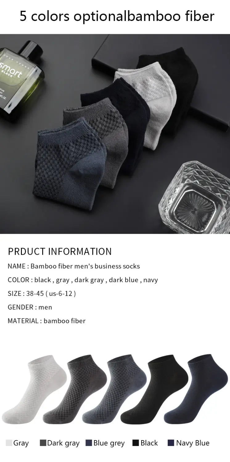 Five pairs of men bamboo fiber ankle business socks in black gray dark gray blue grey and navy blue.